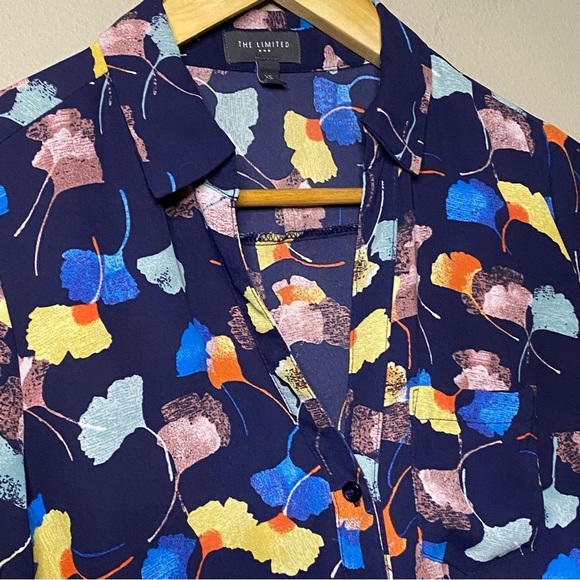 The Limited Ginkgo Leaf Print Blouse Women XS Blue Yellow Orange Floral Office - Picture 3 of 8